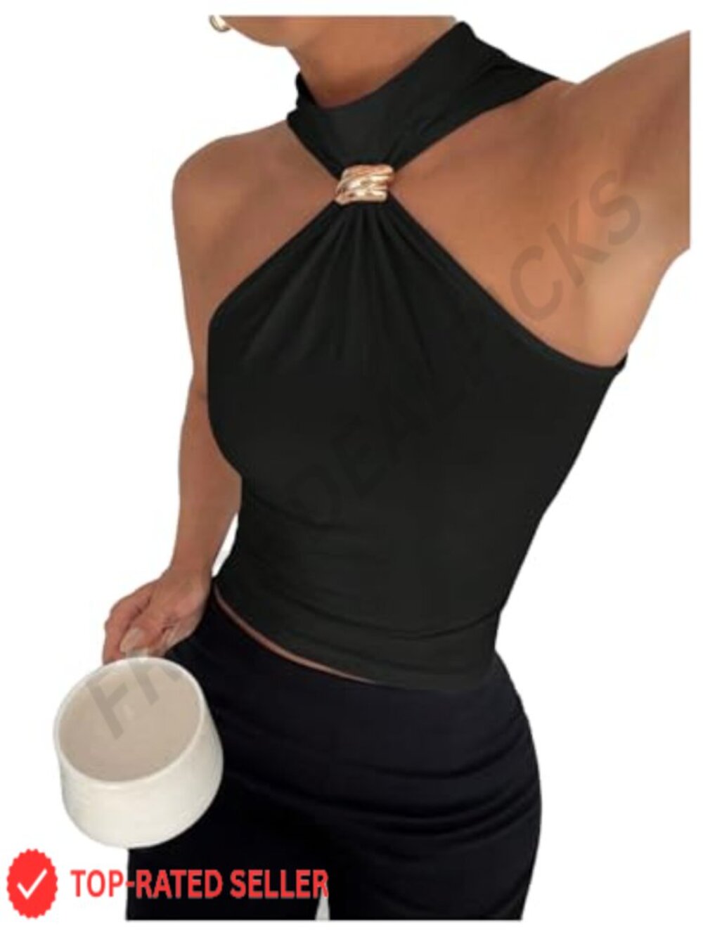 Metal Halter Mock Neck Tank Top Sleeveless Ruched Slim Fit Going Out
